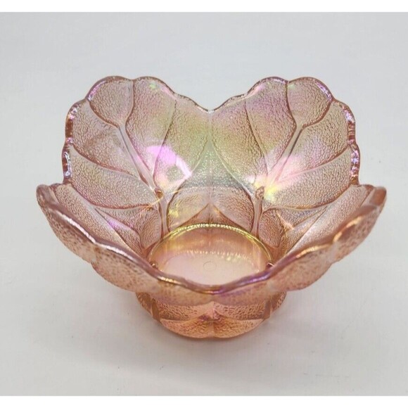 SMITH Pink Iridescent Carnival Glass Textured Cabbage Leaf Candle Holder Vtg - Picture 2 of 8